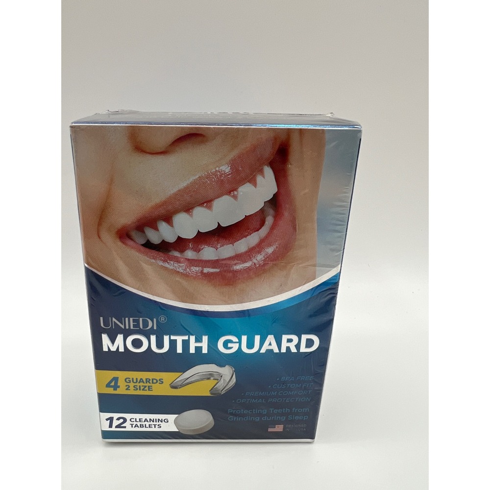 UNIEDI Mouth Guard for Grinding Teeth 4 Guards 2 Sizes 12 Cleaning Tablets NEW